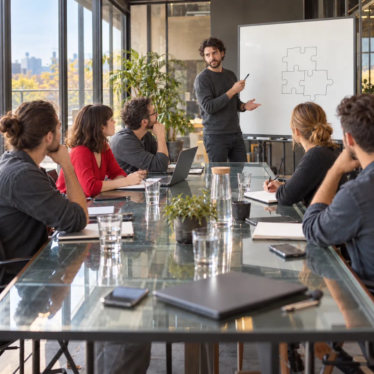 A team planning a new puzzle game at a whiteboard