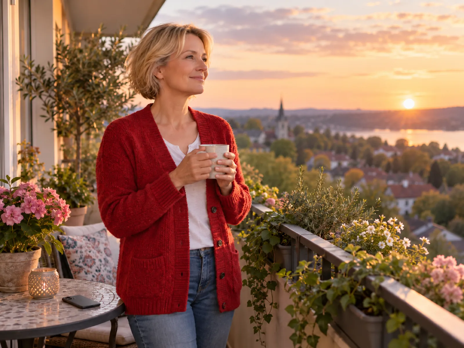 A woman in a red cardigan holds a mug on a flower-filled balcony and looks out over the town at sunset.