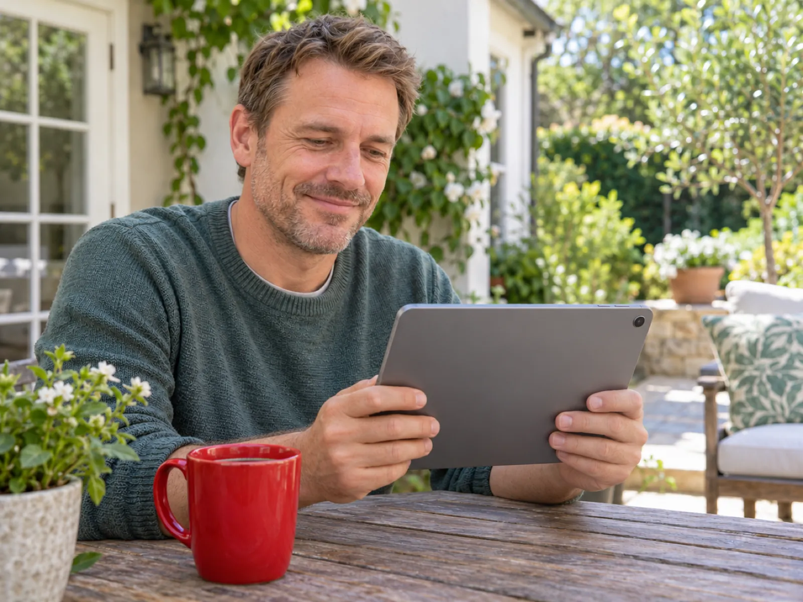 A man in a green sweater smiles at a tablet at a wooden table in a sunny back garden, with a red mug beside him.