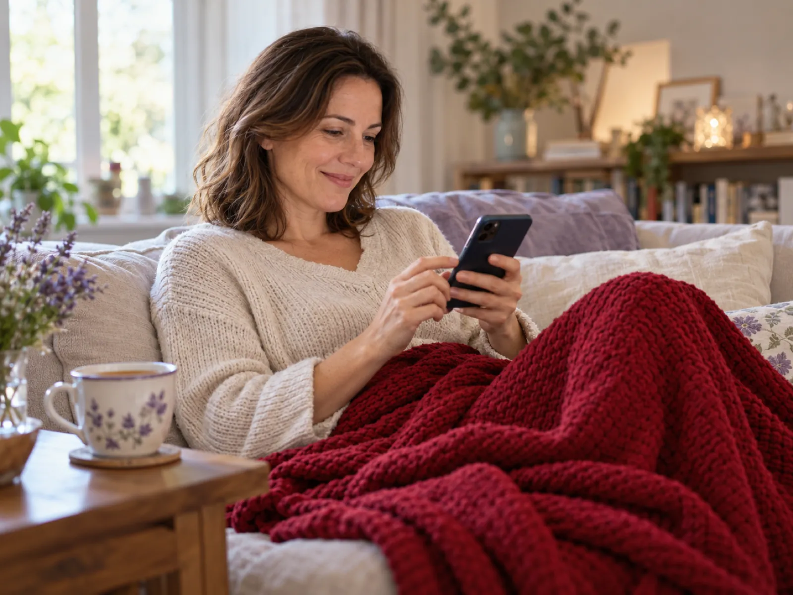 A woman relaxes on a living-room sofa under a red knitted blanket, smiling at her phone, with a cup of tea beside her.